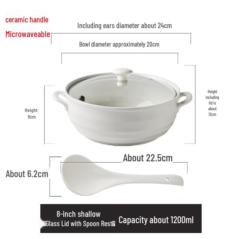 Double Ear Ceramic Soup Bowl Set with Lid - Microwave Safe, Includes Large Spoon and Tureen, Pure White, Creative Design (8 Bowls)