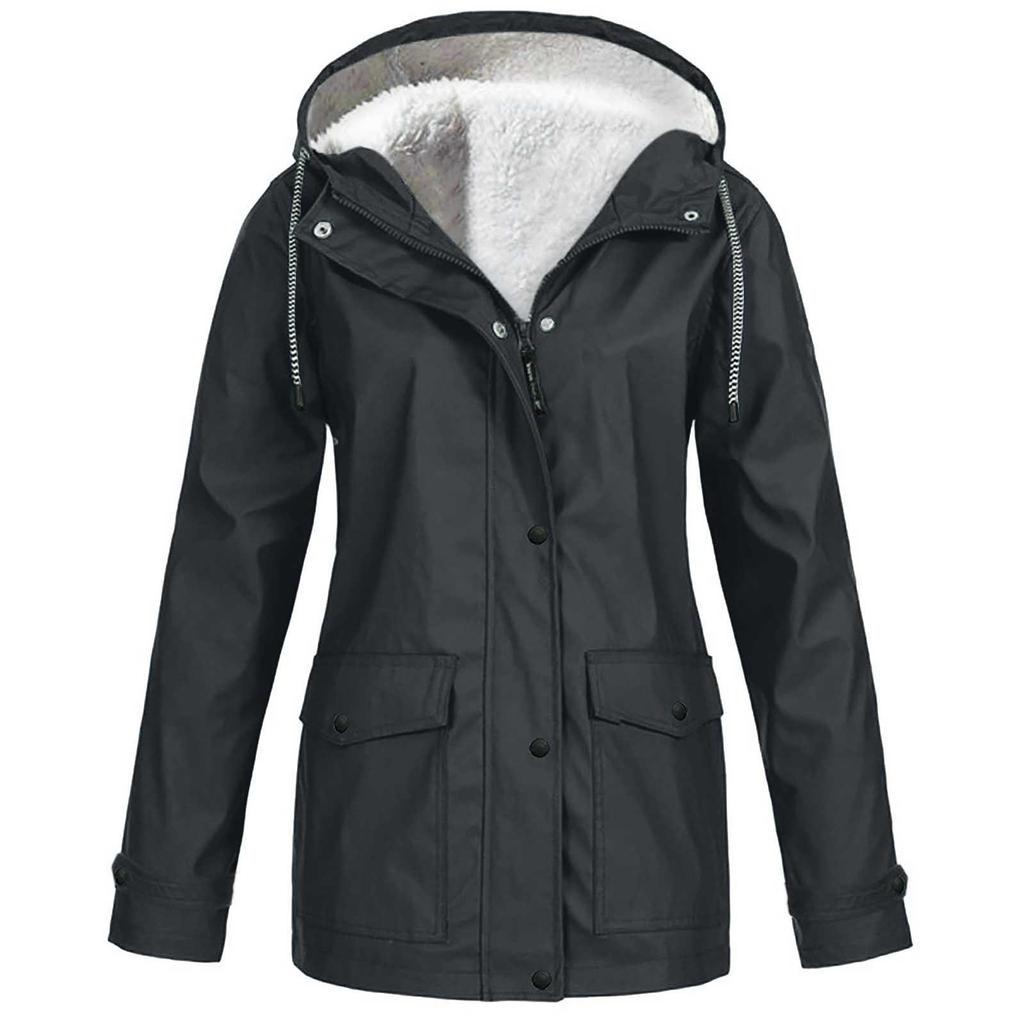 Frauen Solide Plüsch Regen Outdoor Plus Größe Mit Kapuze Regenmantel Winddichte Jacke Mantel
