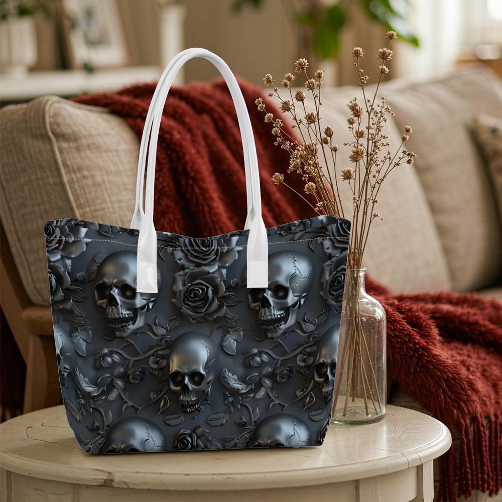 Gothic Skull Rose Pattern Shoulder Tote Bag Fashion Daily Carry Handbag