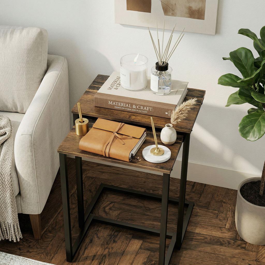 Nesting Side Tables Set of 3, C-Shaped Snack Side Tables with Steel Frame for Sofa Couch and Bed, Rustic Brown