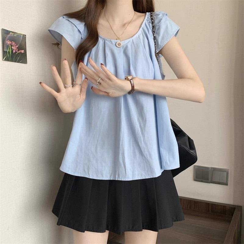 Women Summer New Loose Fit Blue Pleated Baby Doll Ruffle Sleeve Casual Blouse Shirt