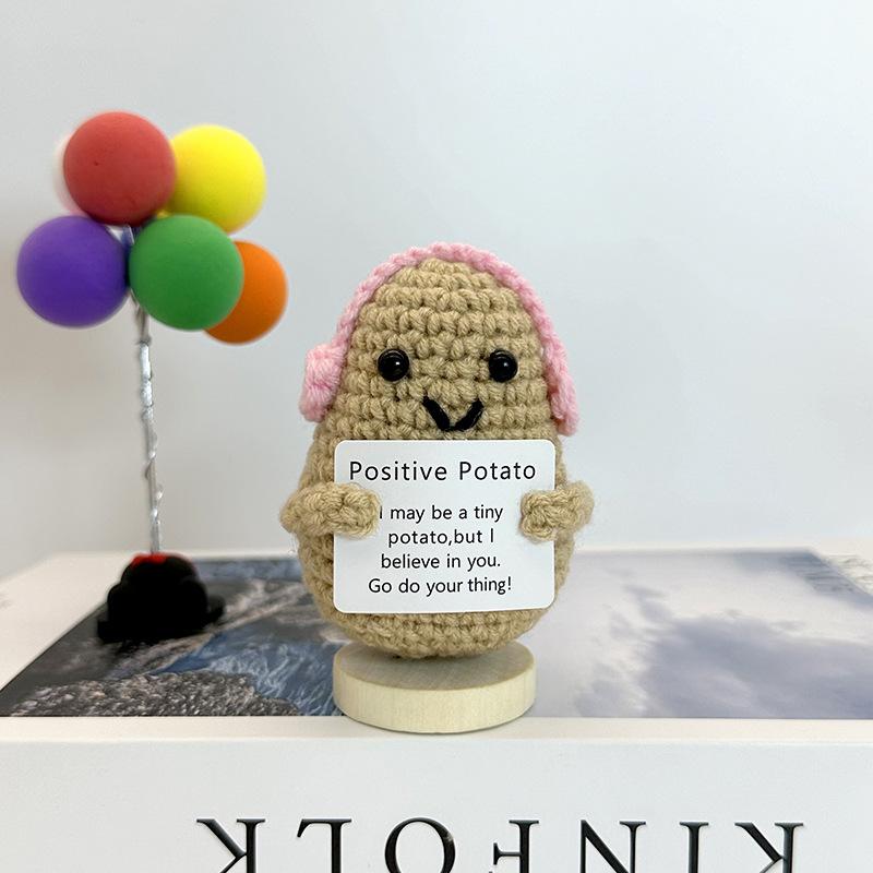 Funny Positive Crochet Cow Doll Desktop Ornament Handmade Cheer Emotional Support Positive Cow with Card Home Party Decoration