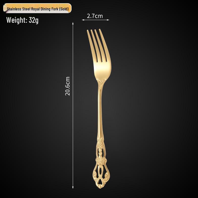 Royal Court 5-Piece Cutlery Set: Vintage Titanium-Plated Gold Stainless Steel Knife, Fork & Spoon with Embossed Hollow Design.