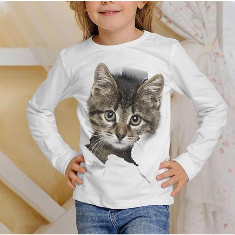 3D Pattern Cat T-shirt Long Sleeve Printed Fun Children's Girls' Top