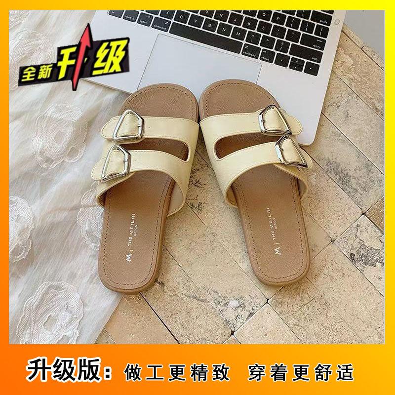 2025 summer double-breasted slippers women's flat-bottomed versatile casual outer wear lazy Boken one-word cool slippers explosion