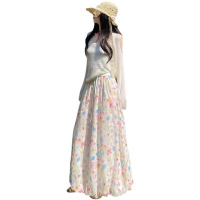 Puffy Flower Bud Skirt for Women In Summer Thin New High-waisted A-line Colored Floral Gentle Style Mid-length Skirt