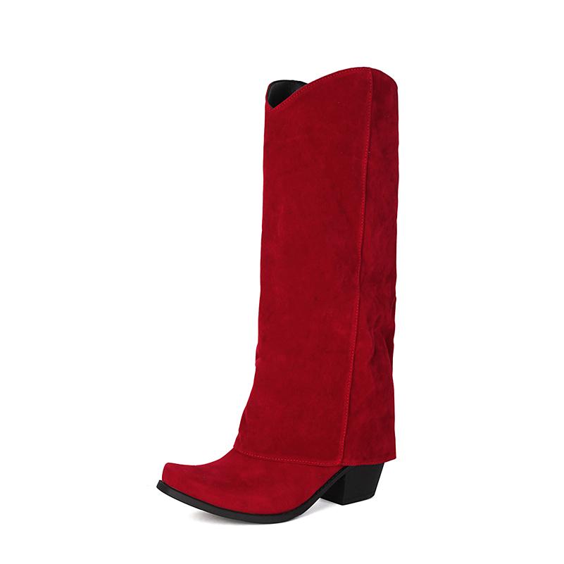 

Soft Comfortable Velvet Material Thick Heel Square Toe Knee Boots Short Plush Lining Autumn New Long Leg Western Boots 34 червоний