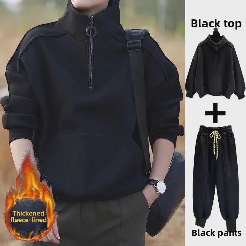 Men's Versatile Loose-Fit Zipper Half Turtleneck Sweatshirt and Velvet Suit - Korean Style for Spring, Autumn, Winter.