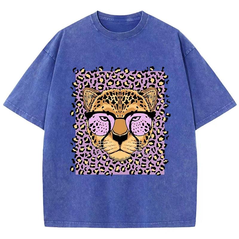 Vintage Womens Mens Acid Wash T-Shirts Leopard Cartoons Printing Tees Crewneck Cotton Oversize Short Sleeve Female Clothes