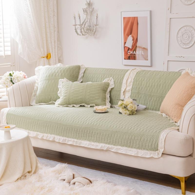 Pure Cotton Ruffle Edge Sofa Cushion Universal In All Seasons, Cotton Fabric Non-Slip Seat Cushion Cover Cloth, Simple Modern Sofa Cover