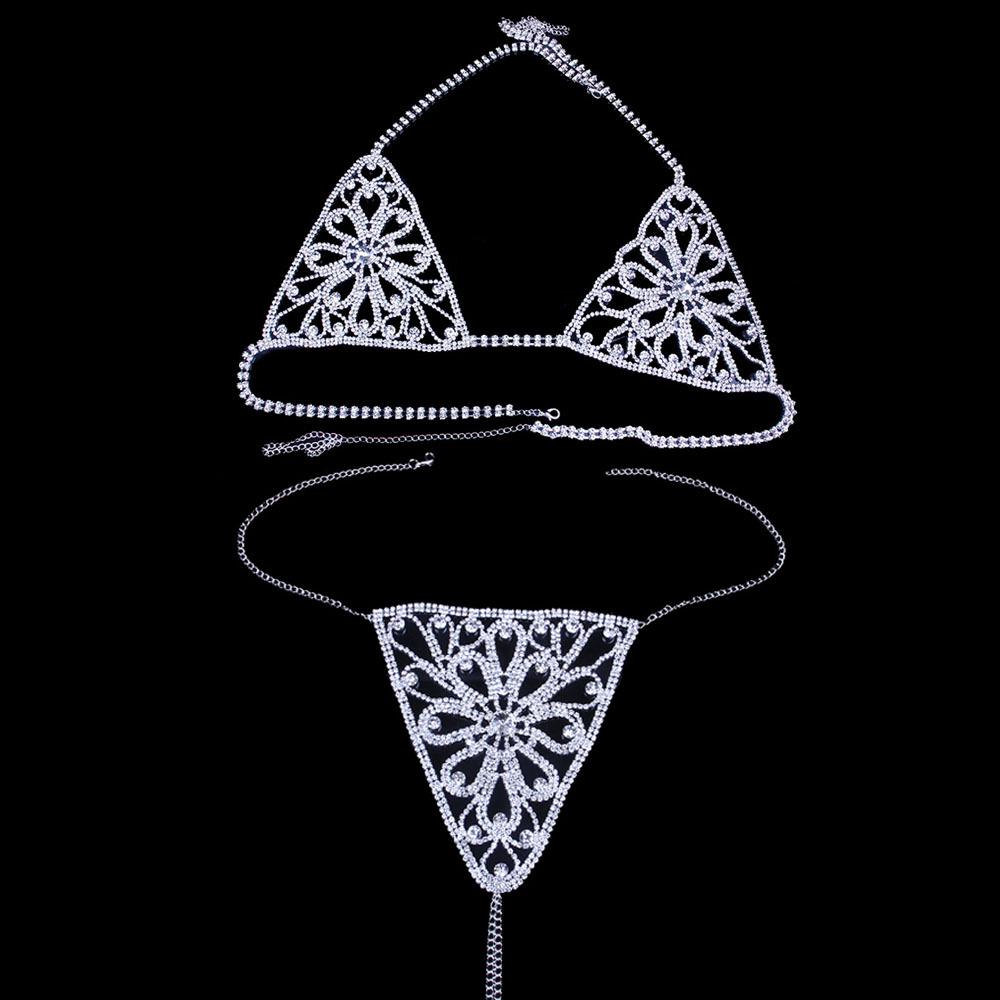 

Rhinestone Bikini Set with Floral Body Chain - Sparkly Nightclub Wear Panties