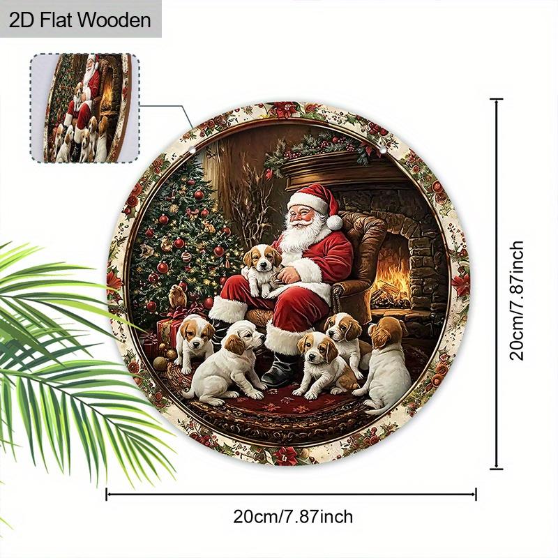 Christmas Decoration Sign,indoor Hanging decorations,2D Flat Wooden Products with The Pattern Is Santa Claus and dogs,Christmas Gifts for Family