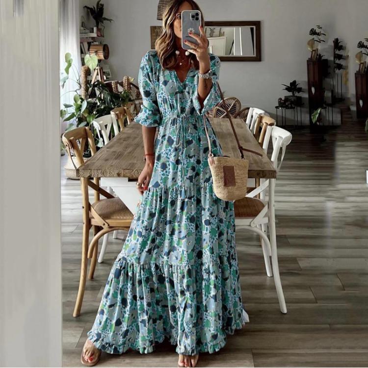 Elegant Vacation Swing Style 2025 New Summer Women V Neck Printed Long Dress