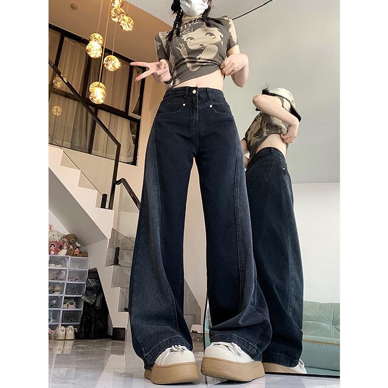 

Женские черные джинсы широкие штанины 2024: Брюки с высокой талией, цветными блоками, для похудения, для зимы, весны и осени. M