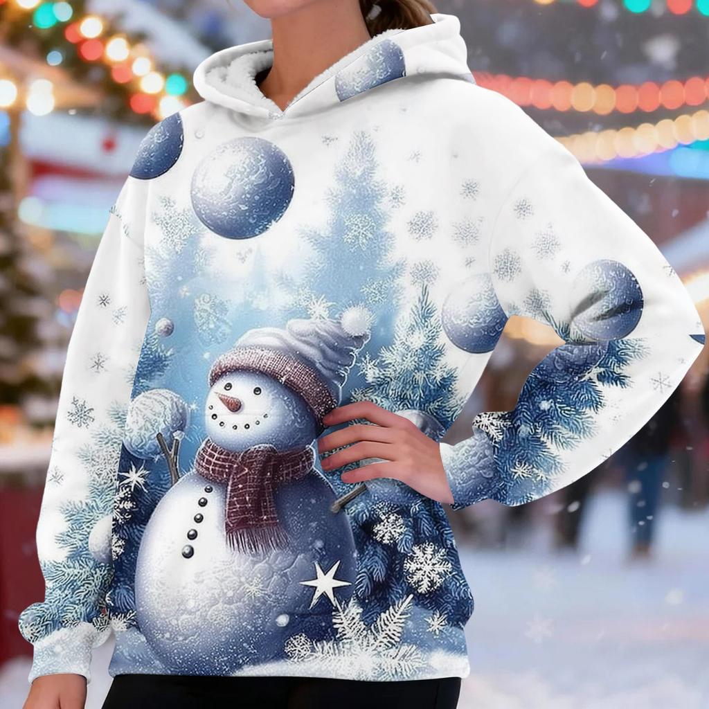 Women's Fashionable Casual Long-Sleeved Christmas Print Fleece-Lined Thick Hooded Sweatshirt