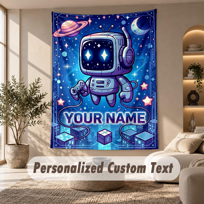 Astro Bot Wandteppich, Personalisierter Wunschtext, Wandbehang für Wohnzimmer Heimwanddekoration