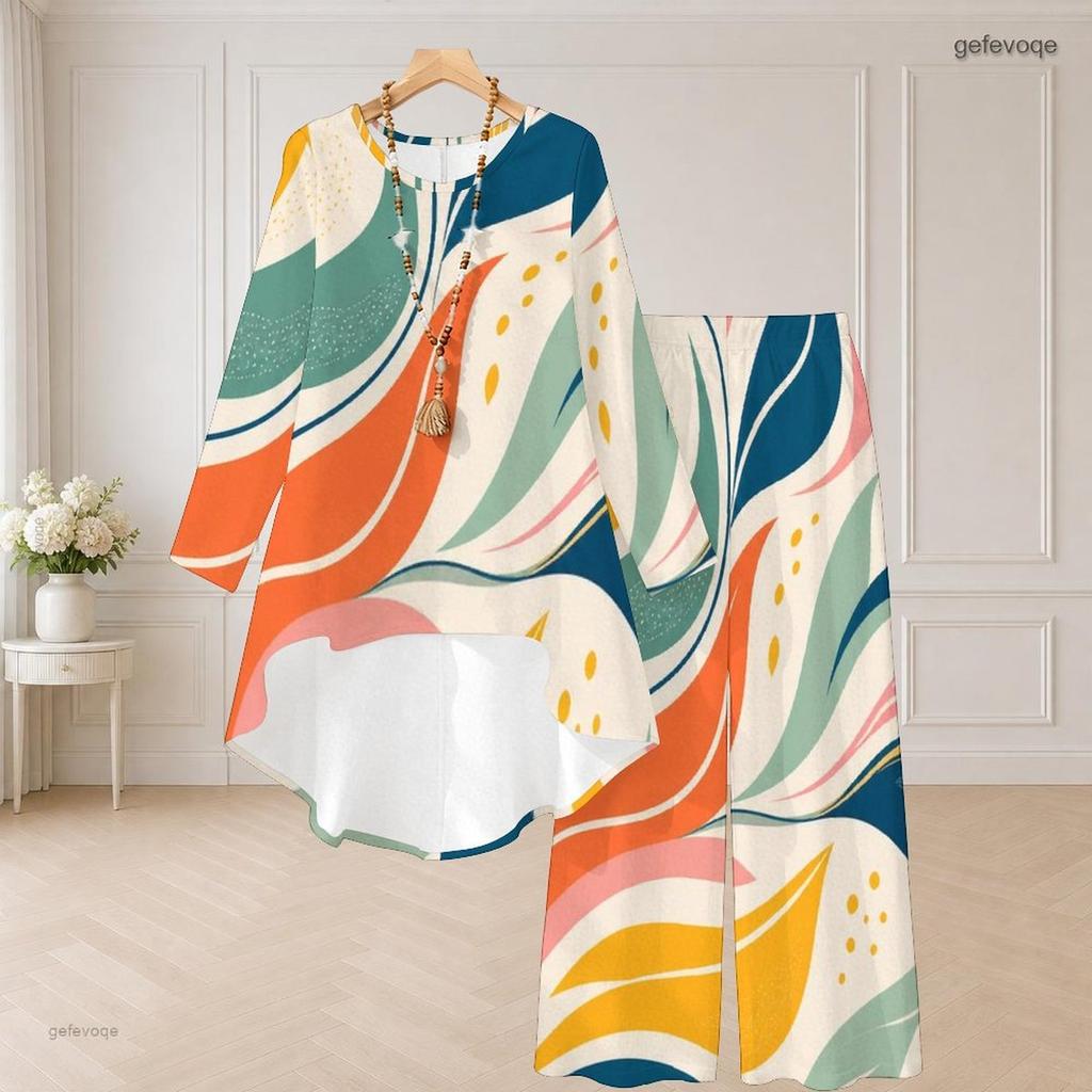 Women Plus Size Two Piece Set Round Neck Long Sleeve Printed High Low Top Wide Leg Pants