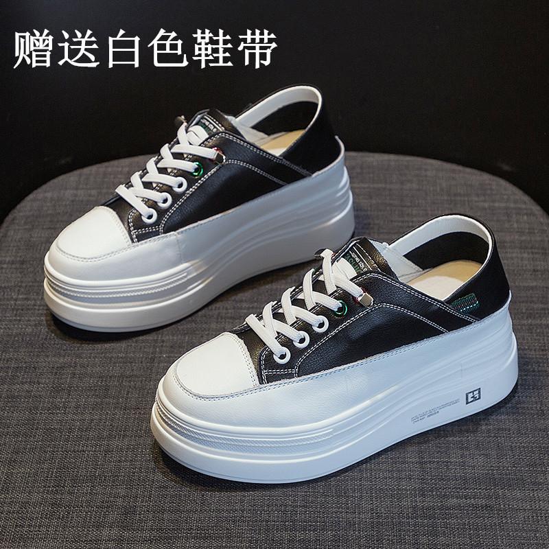 thick-soled little white shoes for women's new muffin shoes, board shoes, one pedal and two wear cowhide inner height-increasing women's single shoes