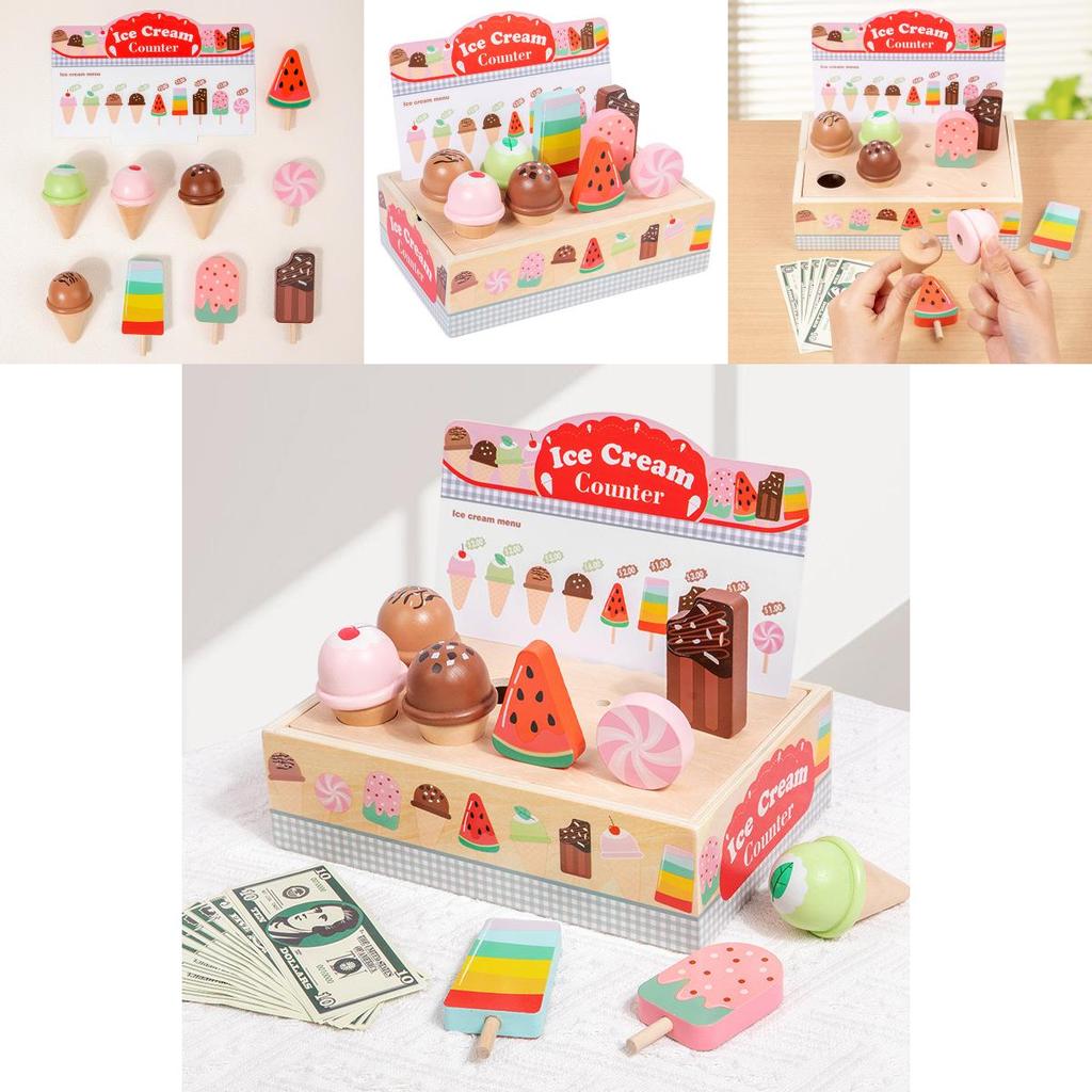 Wooden Simulation Ice Cream Vending Cabinet Model Children Toy Set For Kids Imaginative Pretend Play
