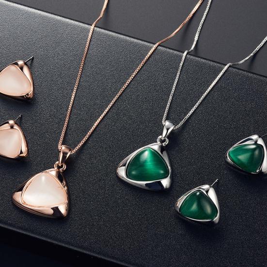 Women Faux Gemstone Triangular Pendant Necklace Ear Stud Earrings Jewelry Set
