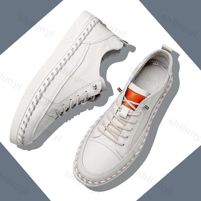 Men Cow Leather Casual Shoes 2025 Spring Autumn Comfortable Fashion Stitch Flat Skateboard Shoes Handmade Vulcanized Shoes