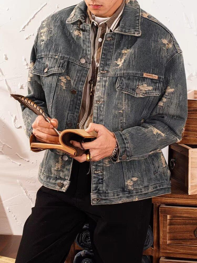 Washed ripped denim jacket men s spring and autumn loose American tooling jacket men s retro denim jacket men s spring and autumn M