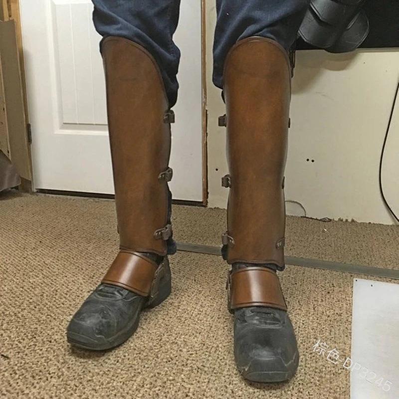 Medieval Renaissance Warrior Leather Leg Guards - Viking Cosplay Props with Belt Buckle Shoe Covers коричневый
