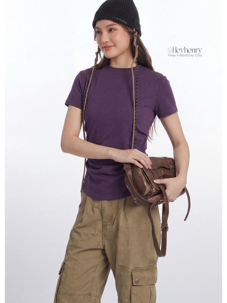 HeyHenry Women's Slimming Waist Short Sleeve T-Shirt - Summer Plain Round Neck Top