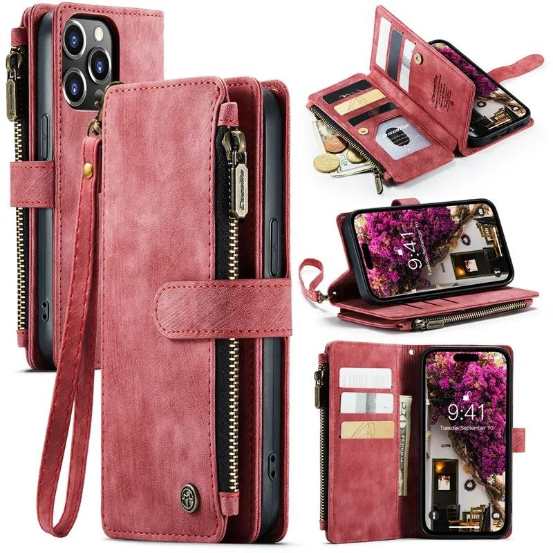 Lanyard Leather Wallet Card Phone Case For iPhone 18 Pro Max 17 Air 17E 16 Plus 16E 15 14 12 13 11 XS XR X Zip Flip Stand Cover