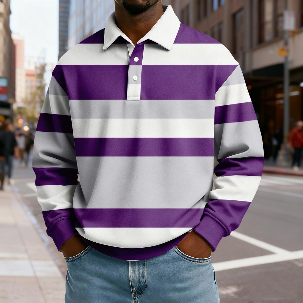 Men's Casual Loose Colorblock Print Lapel Button Long Sleeve Top