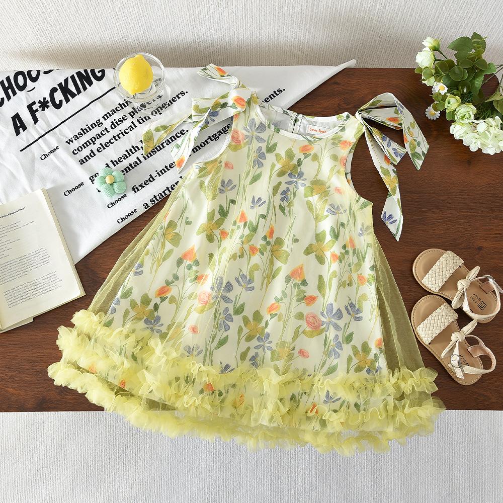 Summer Girls Floral Mesh Princess Dress Pastoral Children Sleeveless Vest Dress For Little Girl 90cm