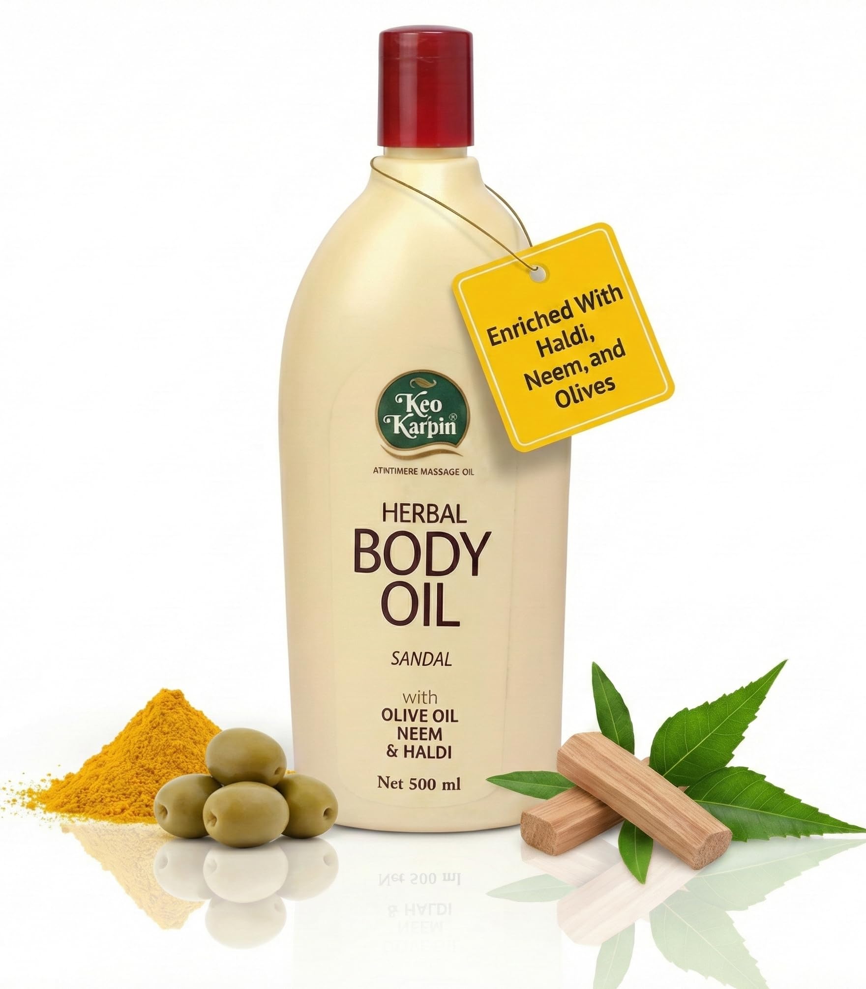 Keo Karpin Ayurvedic Body Oil | Non-Sticky, Sandal Fragranced Herbal Body Oil, Enriched With Olive Oil, Neem And Haldi | 500ml |