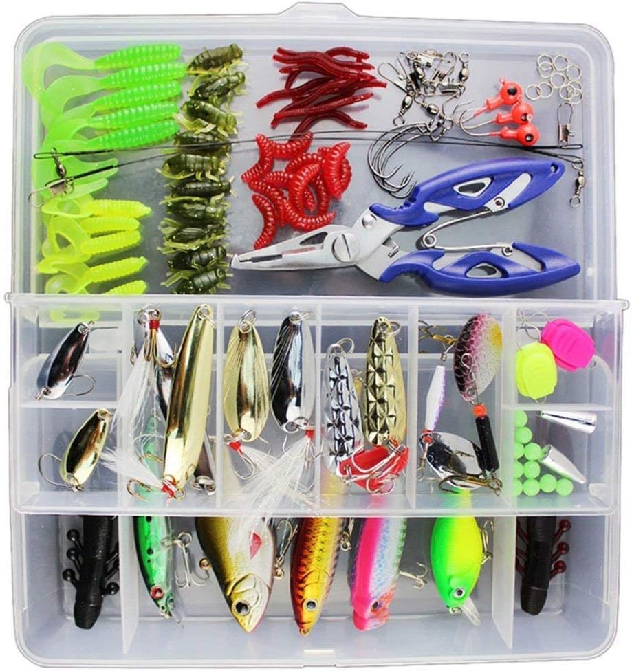 120pcs Fishing Lures Mixed Including Spinner VIB Triple Hooks, Single Hooks, Swivel, Pliers and Fishing Box.