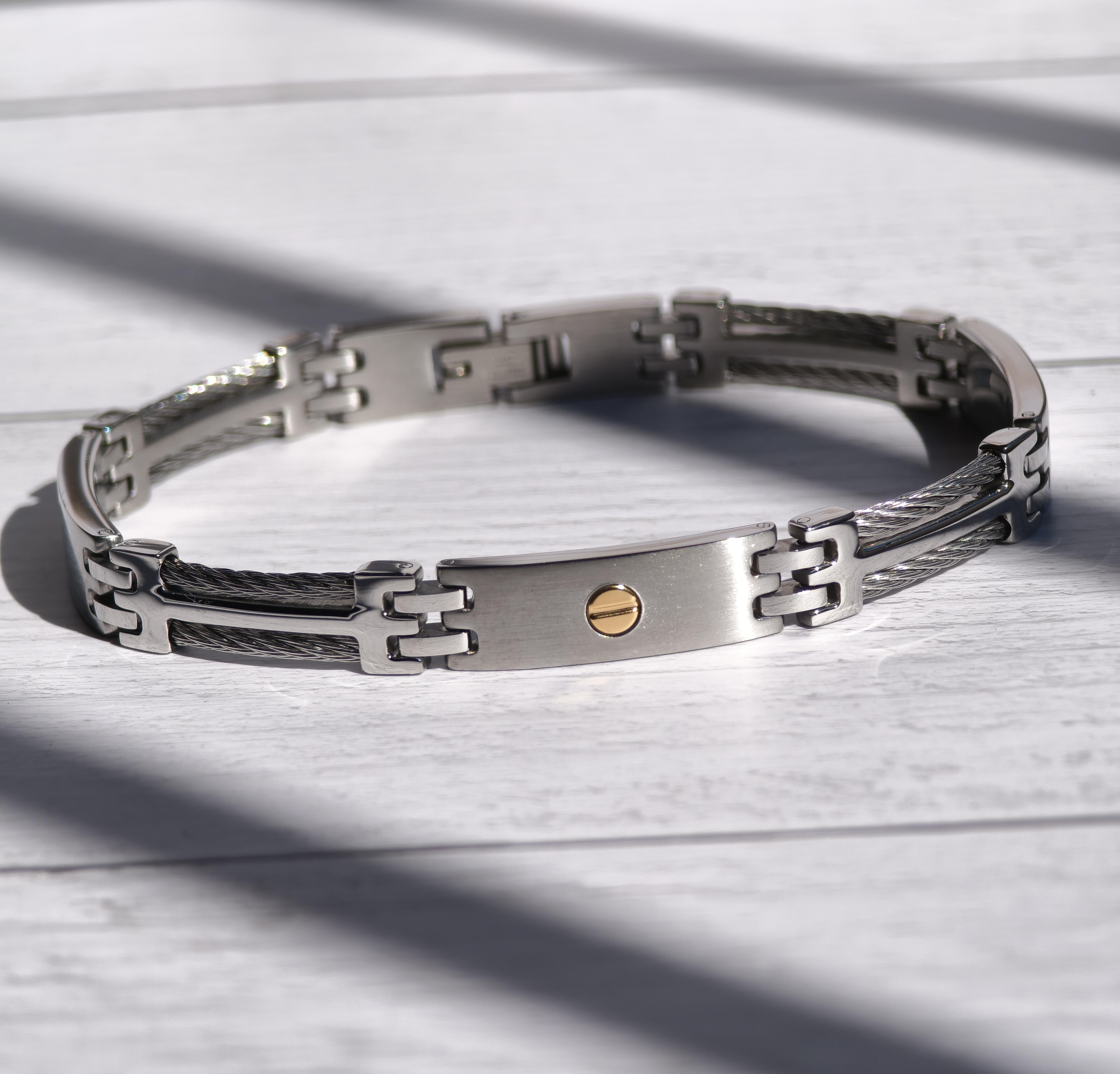 Luxury 18K Gold Heavy Screw Bracelet With Steel Cuff 4mm Solid Gold Adjustable Bangle and Steel Bracelet 21cm