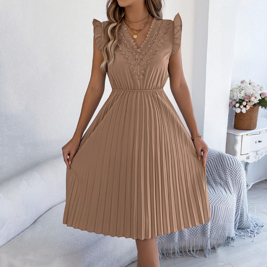 Modisches Lässiges Spitzen-V-Ausschnitt-Kleid mit Rüschen, Taillenbetonung und Falten