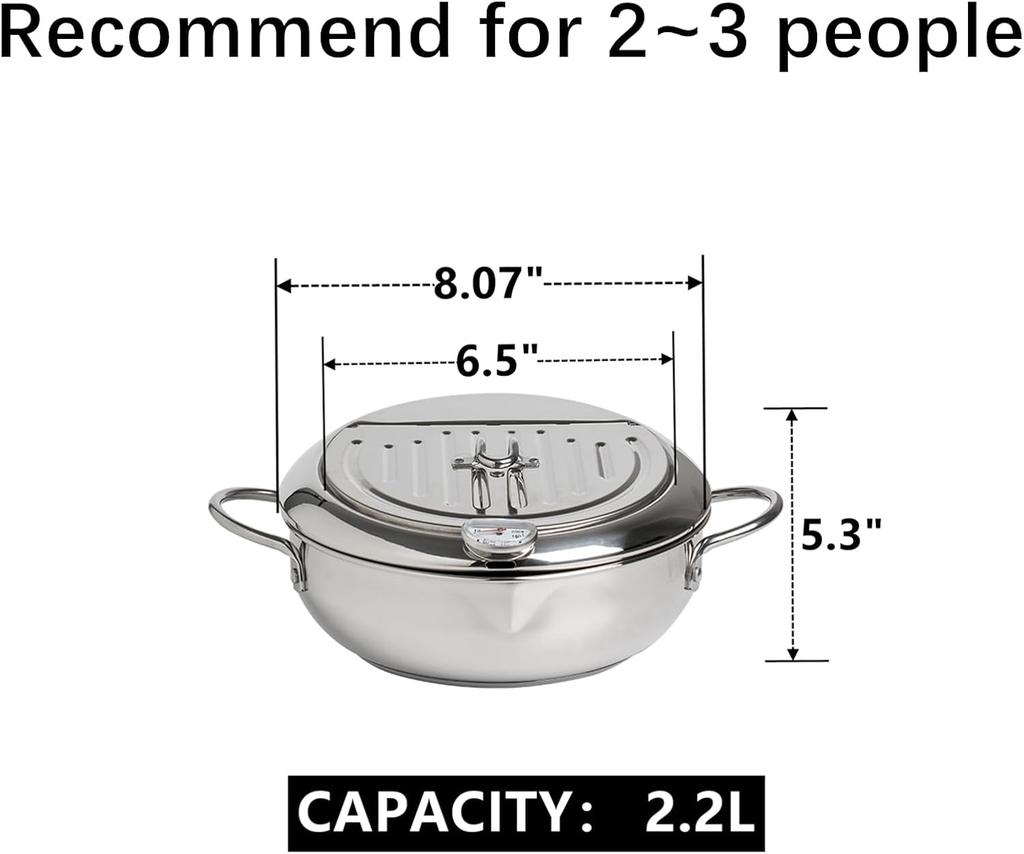 Stainless Steel Deep Fryer Pot, Frying Chicken Pot, Tempura Deep Fryer with a Thermometer and a Lid, Japanese Style Te