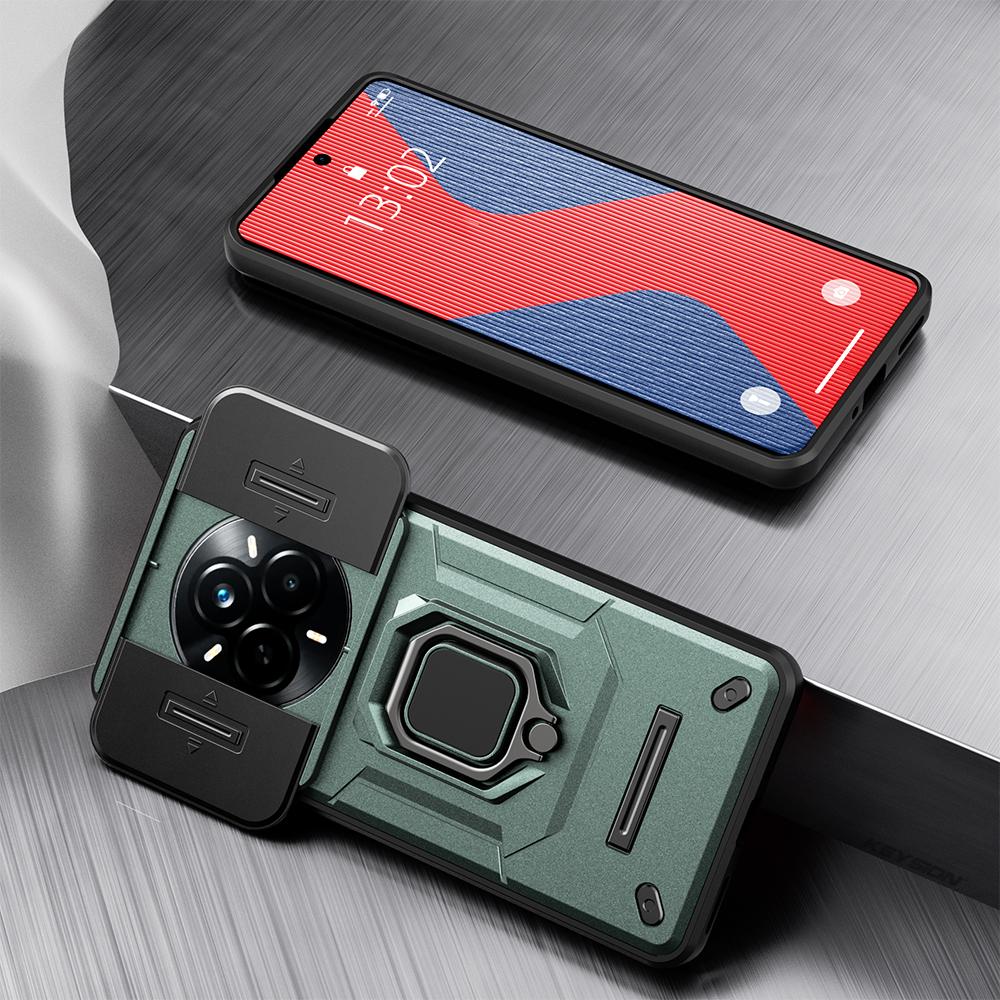KEYSION Stoßfeste Hülle für Realme 14 Pro+5G Schiebekamera-Schutz Metallring-Ständer Handy-Rückabdeckung für OPPO Realme 14 Pro 5G
