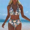 New European and American Tropical Printed Bikini Women's Split Swimsuit Sexy Suspender High Waist Beach Vacation Swimming