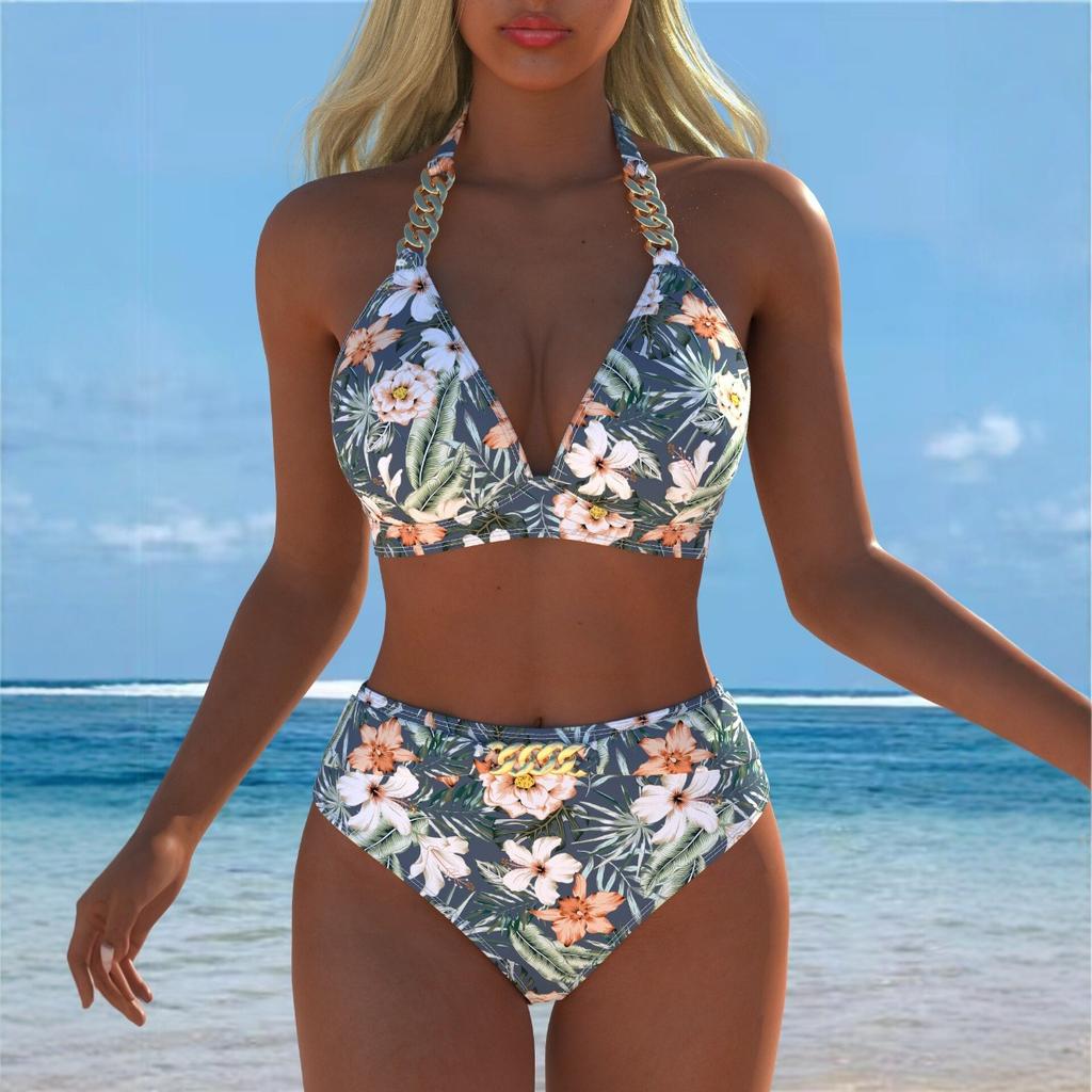 New European and American Tropical Printed Bikini Women's Split Swimsuit Sexy Suspender High Waist Beach Vacation Swimming