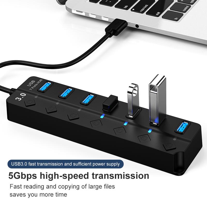 7-Port USB 3.0 Hub 5Gbps High Speed Data Transmission USB Splitter For Laptop
