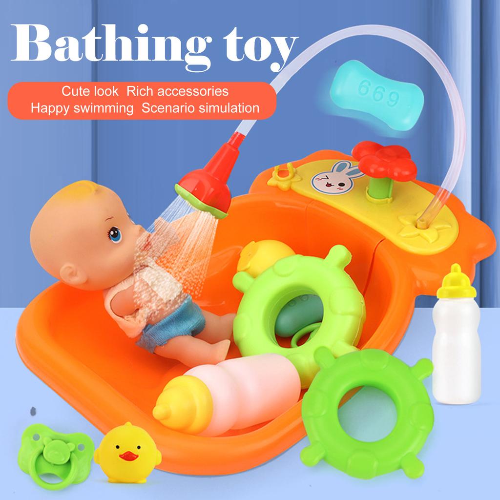 Kids Plastic Bath Tub Doll Set Pretend Role Play Toy with Shower Accessories