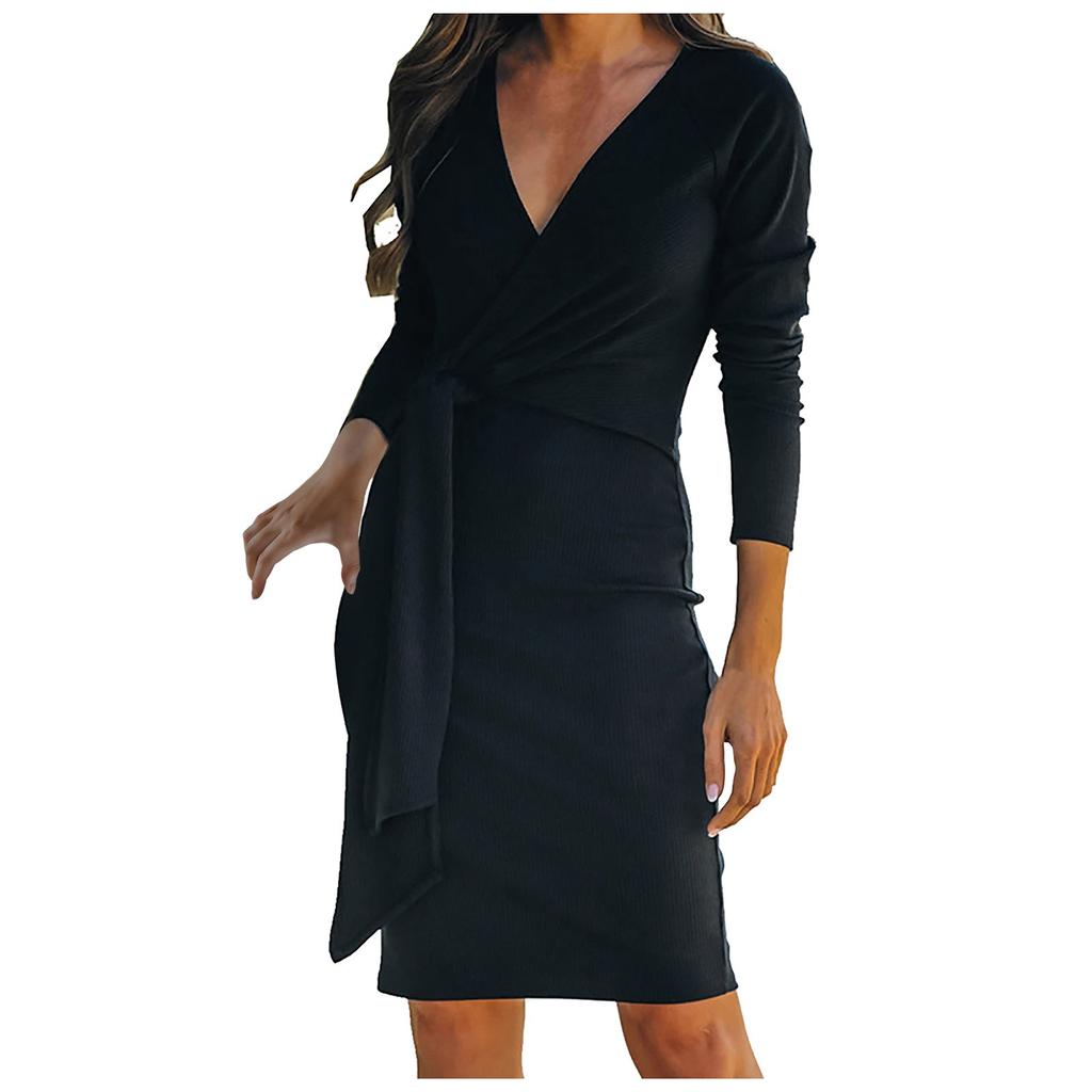 Black Long Sleeves Casual Dress with Sash