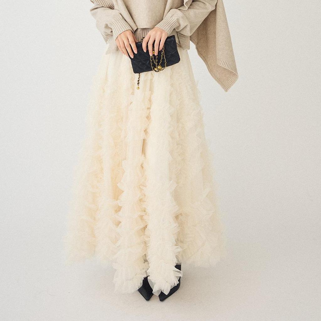 Elegant A-line Ruffle Lace Maxi Skirt - Versatile Puffy Long Hem Design