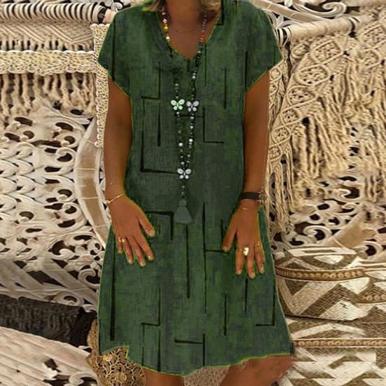 Robe Vintage pour Femme, Couleur Unie, Col en V, Manches Courtes, Imprimée, Coupe Ample, Longueur Genou