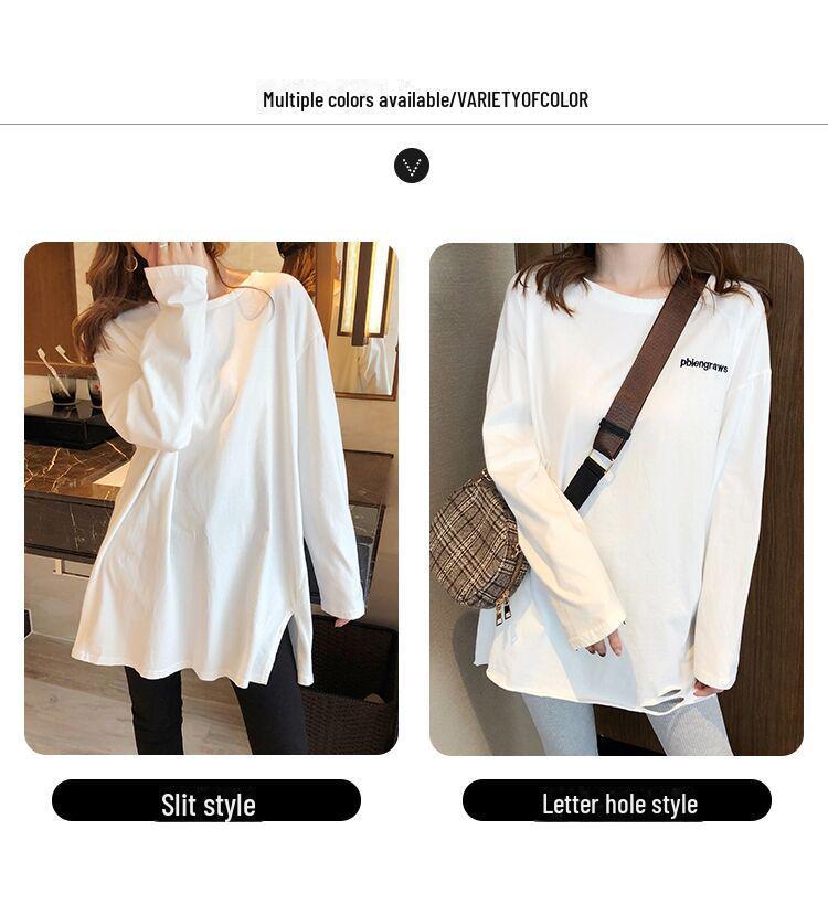 Damen T-Shirt aus reiner Baumwolle mit Rundhalsausschnitt und langen Ärmeln: Weit geschnittenes Herbst/Winter-Schichtoberteil