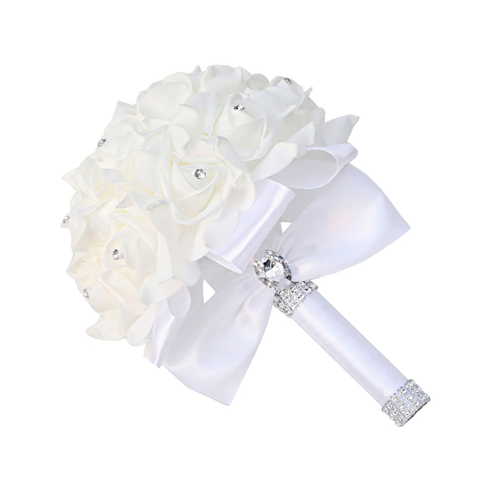 Bridal wedding bouquet, wedding bride crystal diamond silk rose bouquet, bridal and bridesmaid wedding hand bouquet (white, 2 pieces) Pack of 2