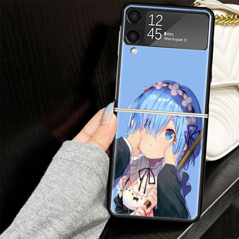 R-Rem Re Zero Anime Case for Samsung Galaxy Z Flip7 Flip6 Flip5 Flip4 Flip3 5G Hard Phone Shell Z Flip 7 6 5 4 3 Black Cover
