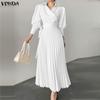 Women Casual Turn Down Collar Front Cross Loose Long Sleeve Pleated Dress