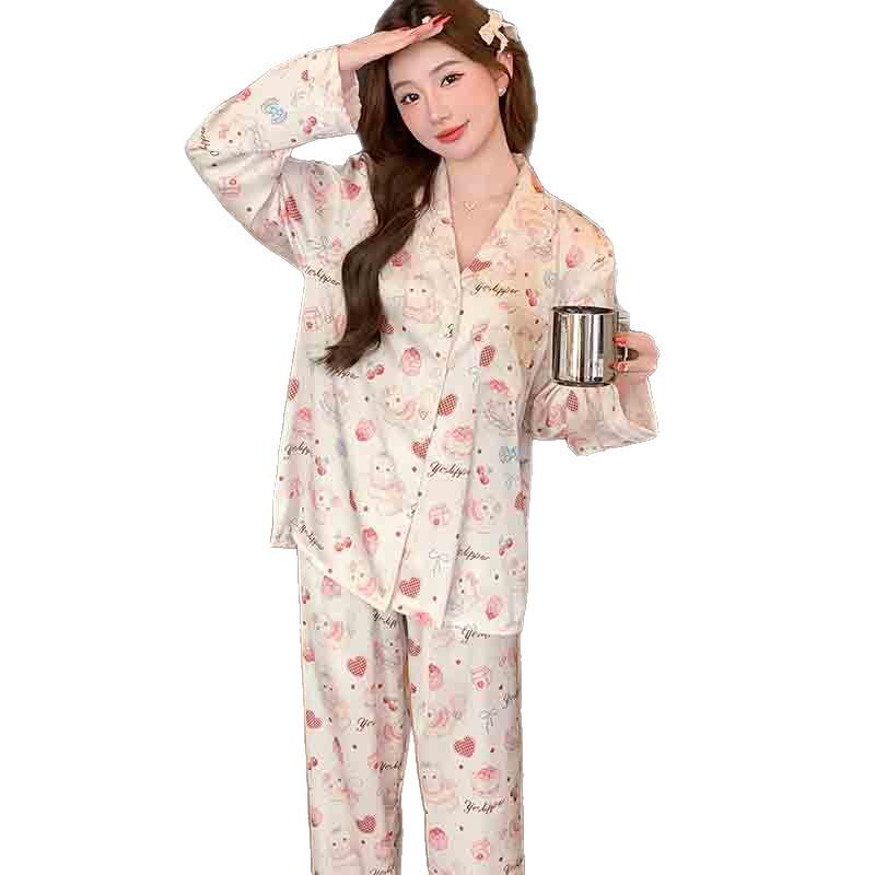 2026 Ice Silk Women's Pajamas - Cute Cartoon Long Sleeve, Lightweight Cardigan for Home & Outdoor Wear