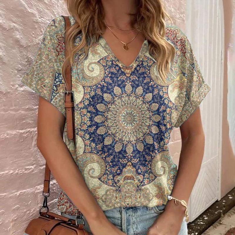 Casual Bohemian Print Women's Short Sleeve V-Neck Top T-Shirt